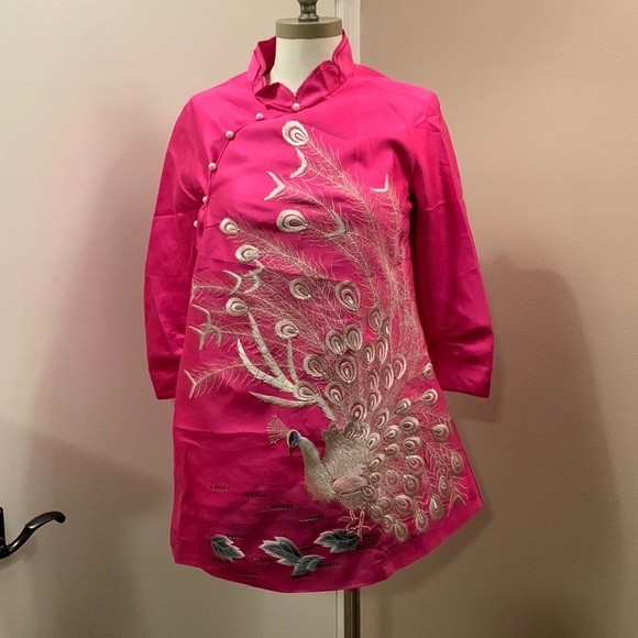 Oriental Mulberry Silk Pink Peacock Embroidered Jacket w Pearl Buttons size S - Picture 1 of 16
